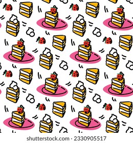 A pattern with a piece of cake on a plate with strawberries on top. Cartoon background with cream and berries. Sweets. Suitable for birthday, pastry shop. Printing on textiles and paper