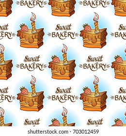 Pattern from pieces of birthday cake with a candle. Colored vector Illustration isolated on white background with vintage inscription
