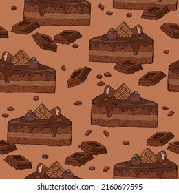 Pattern with pieces of chocolate cake and chocolate bar