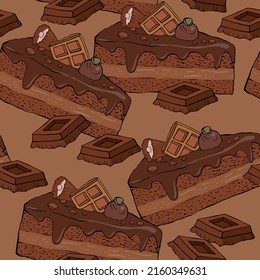 Pattern with pieces of chocolate cake with waffles and chocolates decoration
