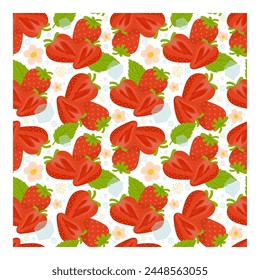 A pattern of pieces of juicy strawberries with leaves, flowers and pieces of ice. Seamless pattern of juicy ripe strawberries. Wrapping paper, textile, vector illustration