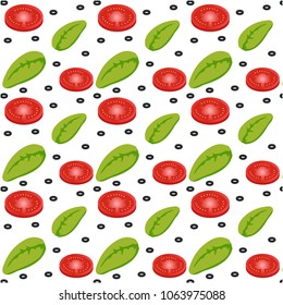 a pattern of pieces of olives, tomatoes and basil