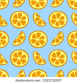 Pattern Pieces of oranges on a blue background. Slice and circle of citrus fruit. Sour taste. Summer pattern. Bright colors. Vector illustration.
