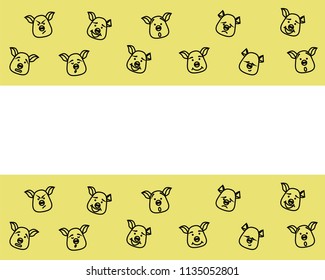 Pattern of pig head with different emotions, meme, icon. Single, vector images. Black outline on green background. Symbol of new year 2019. As template of notebook, cover for book, copybook