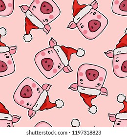Pattern of pig heads on pink background. Seamless doodle piggie portraits.