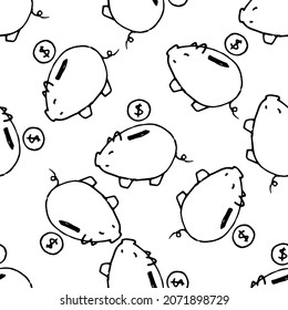 a pattern from a piggy bank with a coin. a seamless pattern from a doodle-style, small piggy bank, an isolated black contour is often located on a white