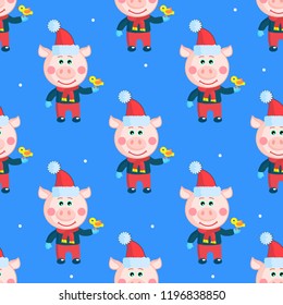 Pattern with piglets in Santa's hat for new year. For background, wrapping paper, postcards, textiles, Wallpaper.