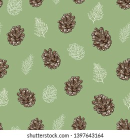 Pattern of pine cone of spruce and coniferous leaves from the contour on a green background