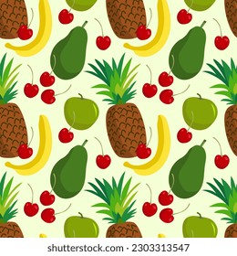 Pattern with pineapple, banana, Cherry,  apple, avocado. Bright fruit pattern. Red, green, brown colors. For menu design, wrapping paper, textiles