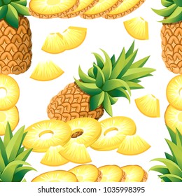 Pattern of pineapple of banana and slices of pineapples. Vector illustration for decorative poster, emblem natural product, farmers market. Website page and mobile app design