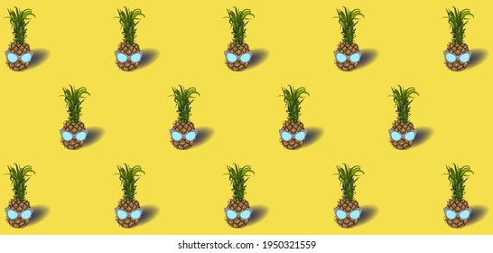 Pattern with pineapple fruit in a sunglasses - on an pastel yellow background. Ultimate grey colored glasses. Summer concept - stylish vacation, juicy exotic and tropical fruit. Bright stock vector