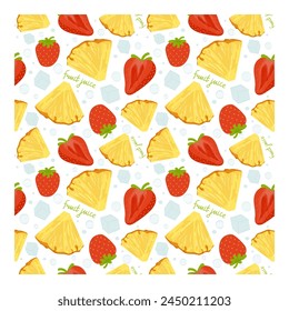 Pattern of pineapple and strawberry pieces, with pieces of ice isolated on a white background. Vector illustration of fabric, paper, textile.