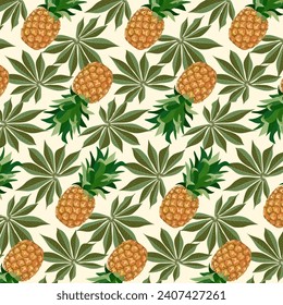 Pattern with pineapples and leaves.Vector seamless pattern with pineapples and palm leaves on a colored background.