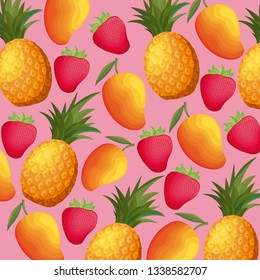 pattern of pineapples with strawberries and mangoes