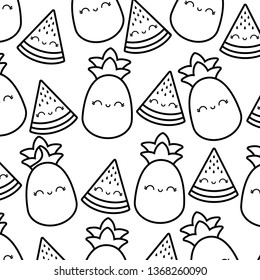 pattern of pineapples with watermelons kawaii character