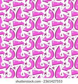 Un patrón con flechas rosas y estrellas brillantes como resaltados. La dirección de las flechas es caótica, mirando en direcciones diferentes. Repetir un fondo sin fisuras con direcciones