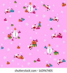 Pattern, pink background with flying Santa Clauses, snowmen and presents. White snowflakes on a pink background.