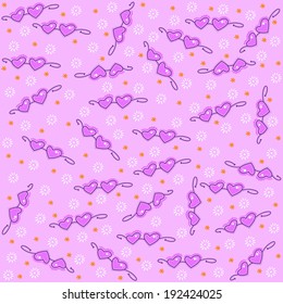 Pattern, pink background with hearts glasses, white and orange little flowers