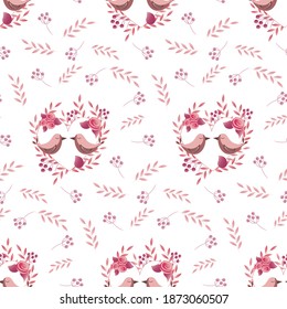Pattern with pink birds. A wreath of leaves, flowers and berries. Festive decorations - for Valentines Day, wedding or birthday. Vector illustration isolated on white background. For scrapbooking