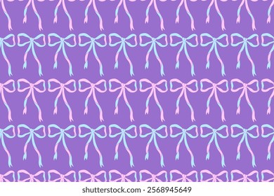 Pattern with pink blue bows. Seamless pattern for girl, coquette core design. Trendy patterned girly backdrop. Holiday, birthday, valentines day clipart. Wrapping paper, social media, coquette banner