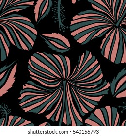 Pattern in pink and blue colors with tropic summertime motif may be used as texture, wrapping paper, textile design. Vector seamless pattern of tropical hibiscus flowers, dense jungle. Hand painted.