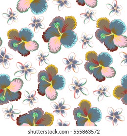 Pattern in pink and blue colors with tropic summertime motif may be used as texture, wrapping paper, textile design. Vector seamless pattern of tropical hibiscus flowers, dense jungle. Hand painted.