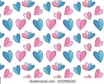 Pattern with pink and blue hearts on a white background.