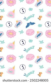 Un patrón de pegatinas rosas y azules con diferentes diseños