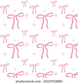 A pattern of pink bows is spread across a white background. The bows are drawn in a stylized way, with some of them overlapping and others standing out. The overall effect is one of whimsy