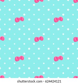 Pattern with pink bows and stars on a blue background. Children's pattern.
