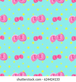 Pattern with pink bows and stars on a blue background. Children's pattern.