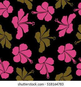 Pattern in pink and brown colors with tropic summertime motif may be used as texture, wrapping paper, textile design. Vector seamless pattern of tropical hibiscus flowers, dense jungle. Hand painted.