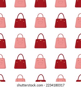 Pattern of pink and burgundy bag on white. Vector image for use in textile design