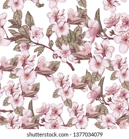 pattern with pink and Burgundy cherry flowers hand-drawn