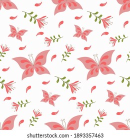 Pattern with pink butterflies and flowers. Vector illustration isolated on white background. Simple drawing for wrapping paper, decoration, fabric and scrapbooking.