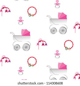 pattern with pink canopy baby stroller with pacifier, rattle and crib mobile