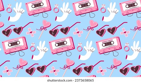 Pattern with pink cassette tape, heart-shaped glasses, pink patch, diamond ring and other elements in retro cartoon style. Vector background for Valentine's Day.
