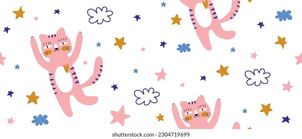 Muster mit rosafarbenen Katzen. Farbige handgezeichnete, nahtlose Vektorgrafik-Muster mit feinen Kätzchen, die zwischen Sternen, Wolken und Herzen spielen. Magic Kiity Print ideal für das Umpacken von Papier, Stoff, Textilien.