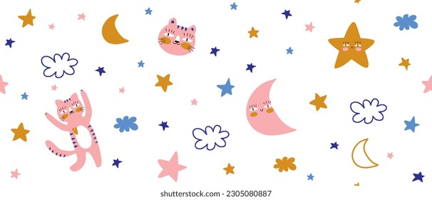 Pattern with Pink Cats. Colorful Hand Drawn Seamless Vector Pattern With Cute Happy Kittens Playing Among Stars, Clouds, Moon and Hearts. Magic Kiity Print ideal for Wrapping Paper, Fabric, Textile.