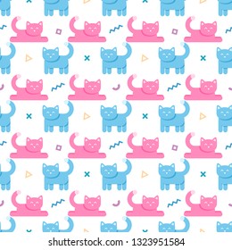 pattern with pink cats and geometric shapes 