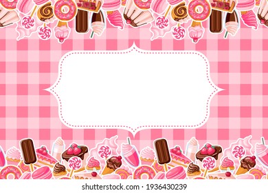 Pattern of pink and chocolate sweet food stickers. Cartoon donuts, ice cream, muffins, smoothies, macaroons and candies on pink checkered tablecloth. Vector illustration for your design.