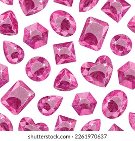 Patrón con cristales rosados sobre fondo blanco. Piedras de varias formas. Joyas.
