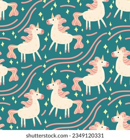 A pattern with a pink cute unicorn on a blue background. Seamless repeating pattern of background texture for fashionable fabrics, textile graphics, prints, etc. Children's texture for girls