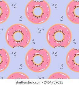 Pattern of pink donut rubber pool  rings. Swim rings in flat style on white background. Swimming in pool with rubber circles, summertime water activities. Rubber toy for water and beach.