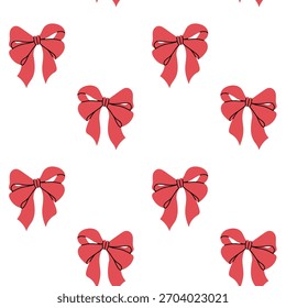 Patrón con lazos de cinta doble rosa. Textura de vacaciones simétrica sin fisuras. Textura plana de color. Fondo decorativo, con estilo para envolver regalos de Navidad, decorar textiles, usando papel de vacaciones