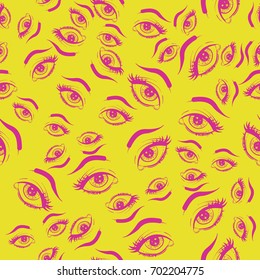 Pattern of pink eyes with eyelashes, eyebrows, pupils, highlights, stars on a yellow background.