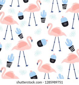 Pattern pink flamingo, cute cactus, Texas desert print, hand drawn watercolor vector illustration