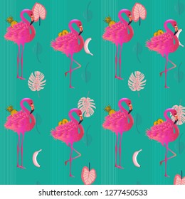 Pattern with pink flamingo. Exotic leaves monstera. Zoo animal print. Hand drawn watercolor illustration. Vector