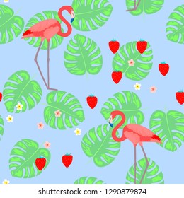 Pattern with pink flamingo. Floral seamless pattern with flamingo and tropical leaves.