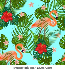 Pattern with pink flamingo. Floral seamless pattern with flamingo and tropical leaves.